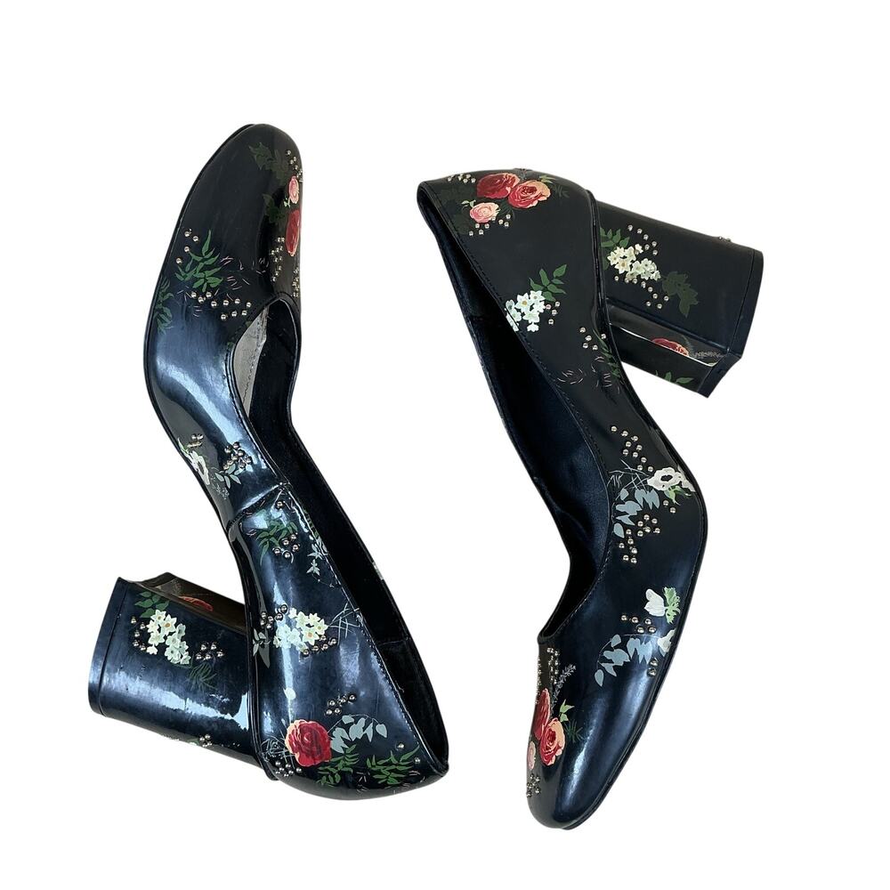 Zara Floral Court Shoes Women’s 6.5 EU 37 Black Patent Rose Block Heel Studded